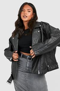 Boohoo Plus Oversized Vintage Wash Pu Biker Jas, Black