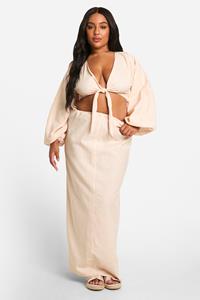 Boohoo Plus Katoenen Maxi Rok Met Zijstrikjes, Stone