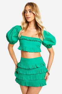 Boohoo Katoenen Poplin Mini Rokje Met Ruches, Green