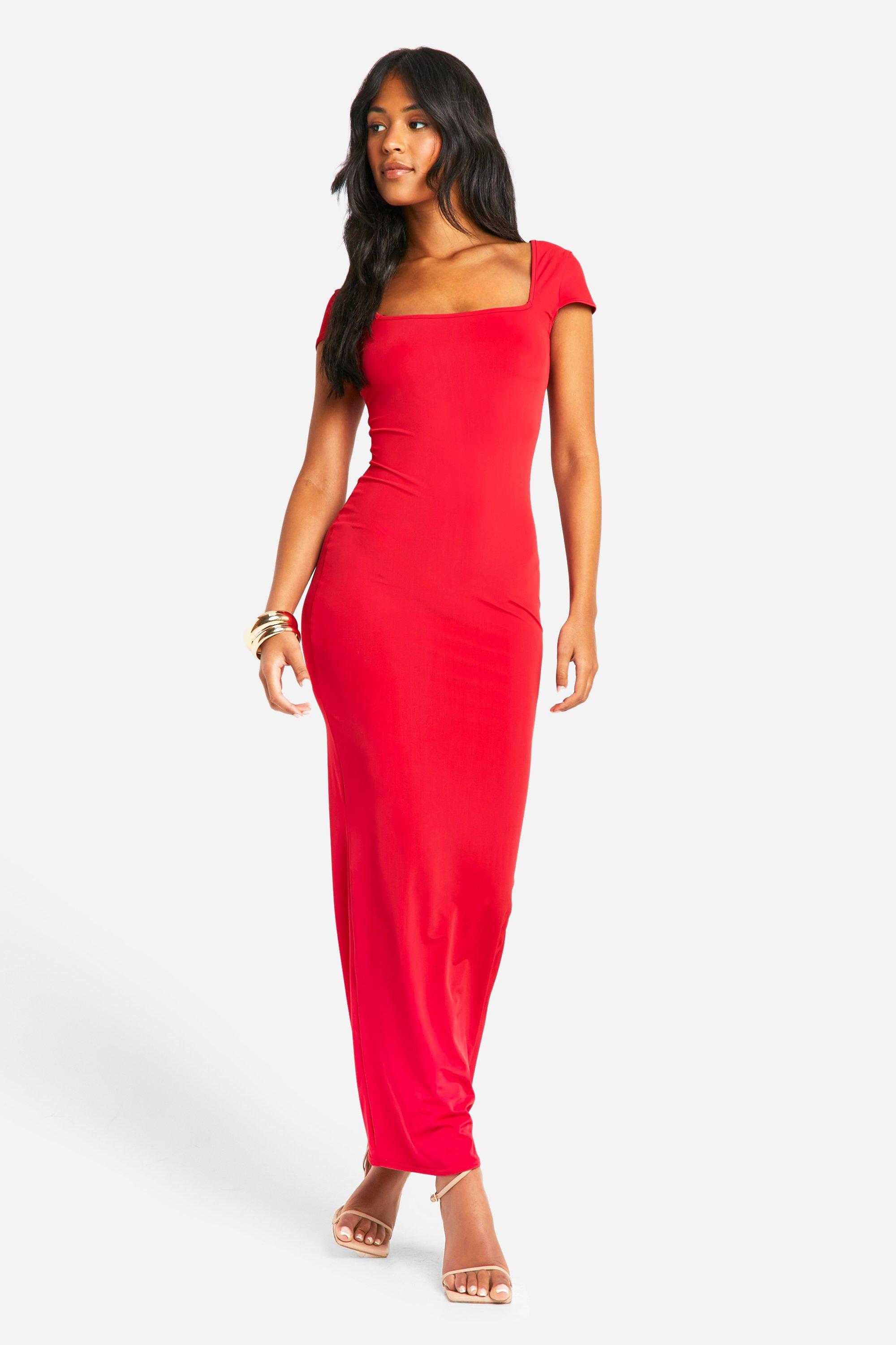 Boohoo Tall Strakke Matte Premium Maxi Jurk Met Kapmouwen, Red