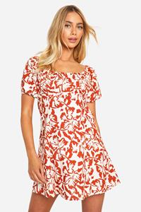 Boohoo Gemengd Katoenen Bloemen Skater Jurk Met Pofmouwen, Rust