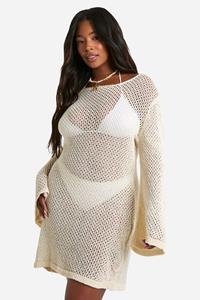 Boohoo Plus Mini Strand Jurk Met Wijde Mouwen, Cream