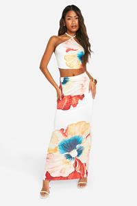 Boohoo Bloemen Top Met Halter Neck En Maxi Kokerrok Set, White