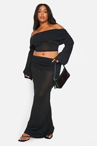 Boohoo Plus Off Shoulder Top Met Textuur En Maxi Rok Set, Black