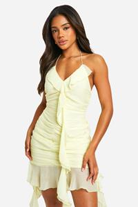 Boohoo Chiffon Mini Jurk Met Halter Neck En Ruches, Lemon