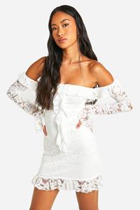 Boohoo Kanten Off Shoulder Mini Jurk Met Wijde Mouwen, Ivory
