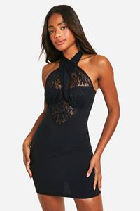 Boohoo Kanten Bengaline Mini Jurk, Black
