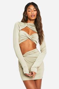 Boohoo Strakke Geknoopte Gedraaide Top Met Lange Mouwen En Mini Rokje, Stone