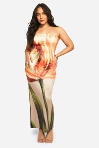Boohoo Plus Strakke Strapless Bloemen Maxi Jurk, Orange