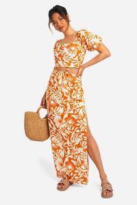 Boohoo Katoenen Maxi Rok Met Abstracte Bloemenprint, Orange