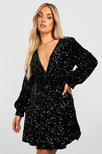 Boohoo Plus Glitter Skater Jurk Met Pailletten En Geplooide Taille, Black