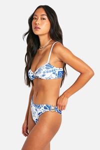 Boohoo Gekreukelde Gekreukelde Tegelprint High Waist Bikini Set, Blue