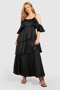 Boohoo Plus Satijnen Maxi Jurk Met Uitgesneden Schouders En Ruches, Black