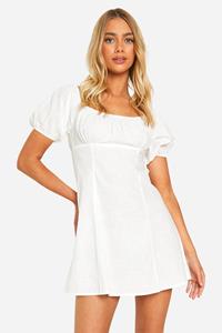 Boohoo Gemengd Katoenen Skater Jurk Met Pofmouwen, White