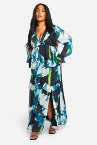 Boohoo Plus Bloemen Maxi Jurk Met Franjes, Laag Decolleté En Ruches, Black