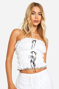 Boohoo Geplooide Broderie Bandeau Top Met Contrasterende Strik, White