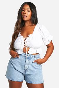 Boohoo Plus Off Shoulder Top Met Pofmouwen, White