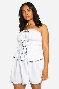 Boohoo Plus Geplooide Broderie Bandeau Top Met Contrasterende Strik, White