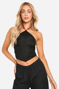 Boohoo Crop Top Met Kraaltjes, Halter Neck En Bandjes, Black