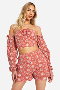 Boohoo Broderie Crop Top Met Uitgesneden Schouders, Rust