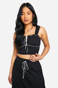 Boohoo Petite Broderie Top Met Contrasterende Strik, Black