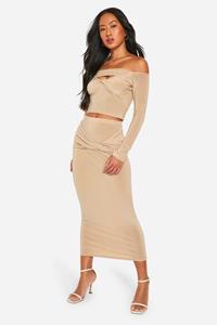 Boohoo Strakke Gedraaide Top Met Lange Mouwen En Maxi Rok, Almond