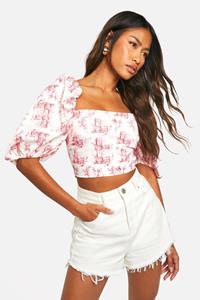 Boohoo Porselein Print Crop Top Met Pofmouwen En Rug Strik, Red