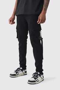 Boohoo Tall Overdye Skinny Fit Cargo Broek Met Bandjes In Zwart, Black