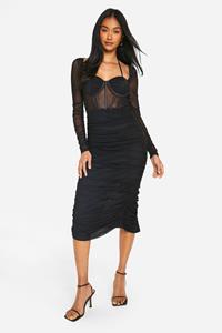 Boohoo Geplooide Mesh Midaxi Jurk Met Cup Detail, Black