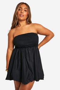 Boohoo Plus Katoenen Mini Jurk Met Pofmouwen, Black