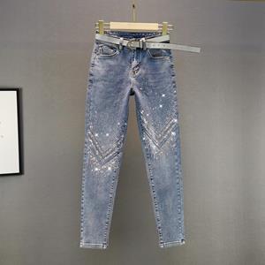 Refreshing Home Dames Strass Skinny Jeans Herfst Casual Hoge Taille Dunne Negen Broek S blauw