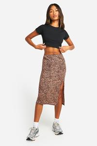 Boohoo Geribbelde Luipaardprint Midi Rok Met Zijsplit, Leopard
