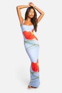 Boohoo Super Zachte Bloemen Maxi Jurk Met Vierkante Hals, Blue