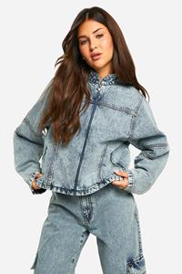 Boohoo Licht Acid Wash Gebleekt Slim Fit Moto Biker Spijkerjasje, Acid Wash Light Blue
