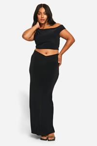 Boohoo Plus Strakke Top Met Dubbele Schouders En Maxi Rok Met V-Tailleband Set, Black