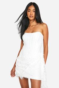 Boohoo Gedrapeerde Kanten Mini Jurk Met Korset Detail, White