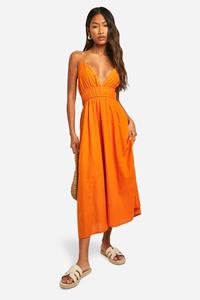 Boohoo Gemengd Katoenen Midaxi Jurk Met Laag Decolleté, Saffron