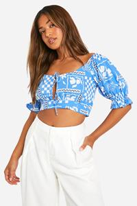 Boohoo Petite Top Met Pofmouwen En Opdruk, Blue