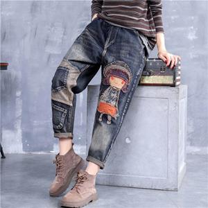 QGOOD Hoge kwaliteit dames retro patch geborduurde print losse jeans hoge taille cartoon schattige oversized harem broek XXXXL