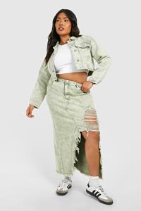 Boohoo Plus Gebleekte Khaki Acid Wash Gebleekte Versleten Maxi Spijkerrok, Washed Khaki