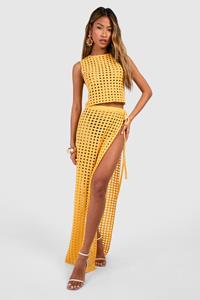 Boohoo Gehaakte Maxi Rok Met Hoge Split, Gold
