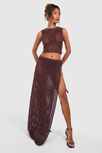 Boohoo Gehaakte Maxi Rok Met Hoge Split, Chocolate