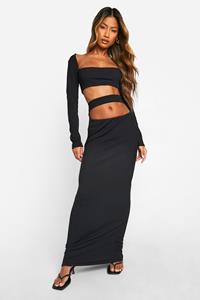 Boohoo Geribbelde Maxi Rok Met Uitgesneden Taille, Black