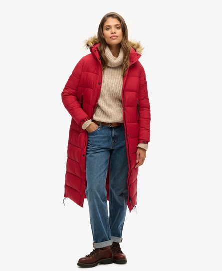 Superdry Vrouwen Lange Pufferjas van Imitatiebont met Capuchon Rood