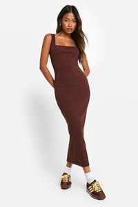 Boohoo Geribbelde Basic Maxi Jurk Met Vierkante Hals, Chocolate