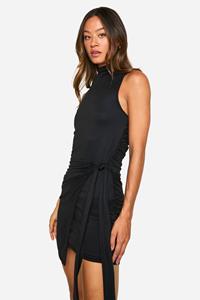 Boohoo Tall Mouwloze Mini Wikkel Jurk Met Hoge Hals, Black