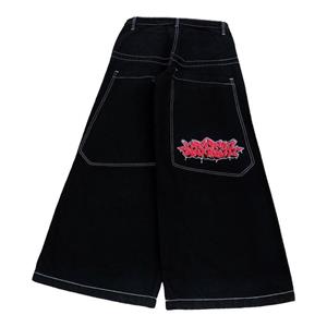 XK22GD Jeans Hip Hop Rock Borduurpatroon Mannen Vrouwen Streetwear Retro Harajuku Hoge Taille Wijde Pijpen Denim Broek L zwart