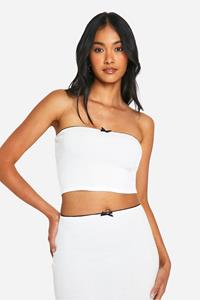 Boohoo Geribbelde Bandeau Top Met Contrasterende Strik, White