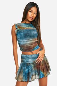 Boohoo Geplooide Mesh Crop Top Met Geplooide Schouders En Vegen, Blue