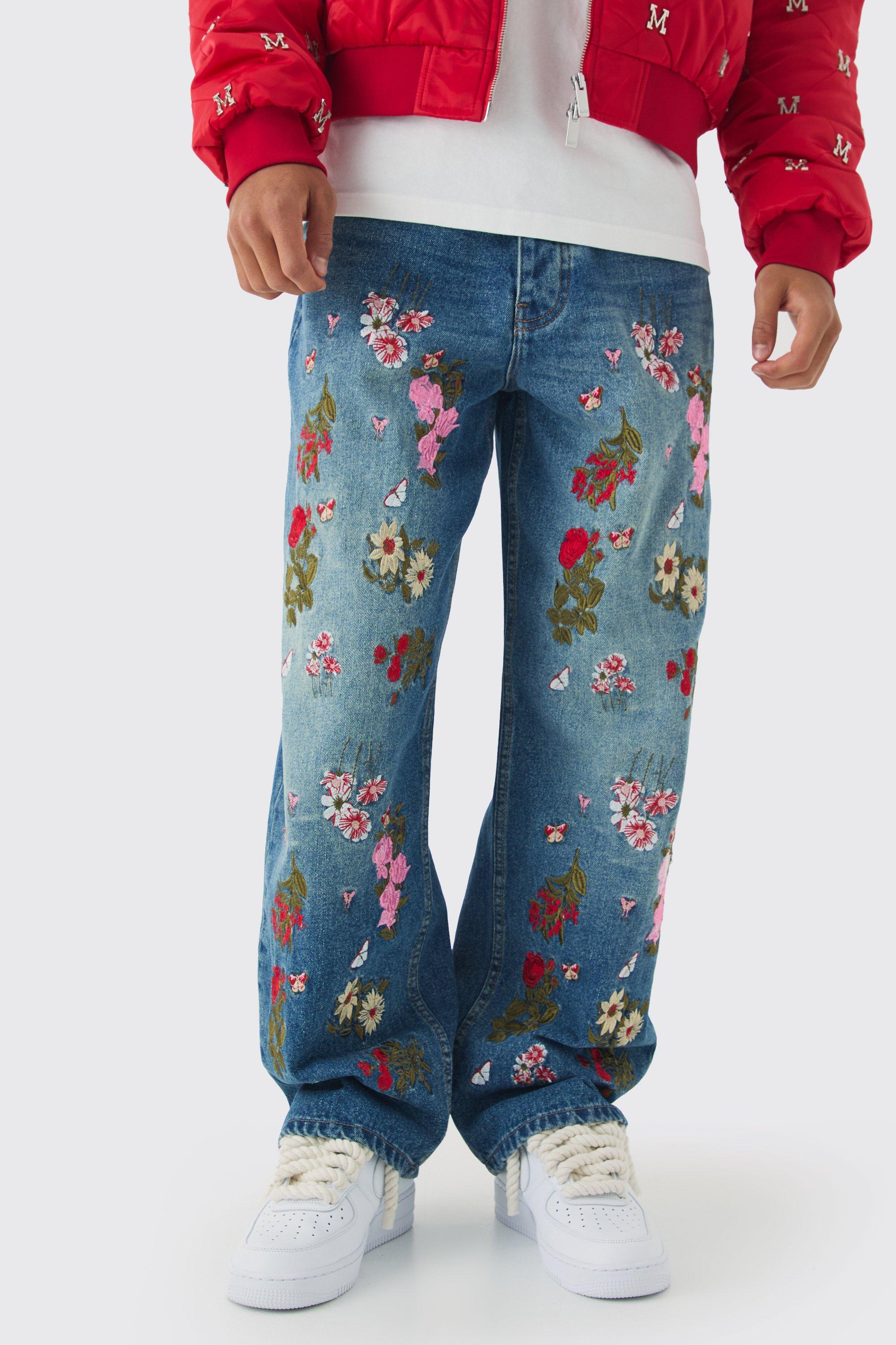 Boohoo Onbewerkte Geborduurde Baggy Bloemen Jeans, Vintage Blue
